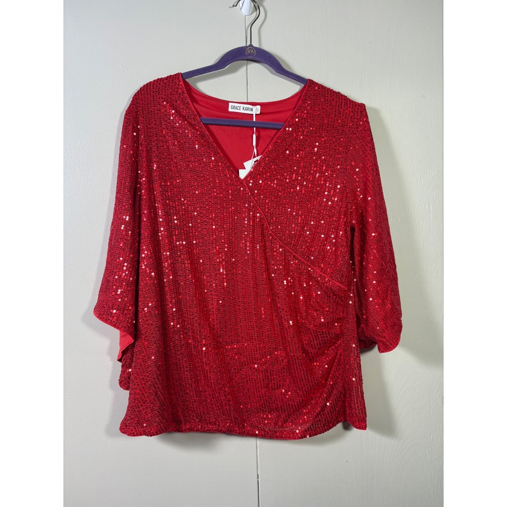 Grace Karin Red Sequin Bell Sleeve Wrap Blouse 2XL Holiday Glam Party Sparkly